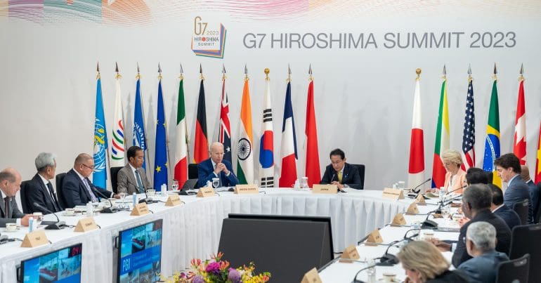 The G7 sit for discussions at the Hiroshima summit.