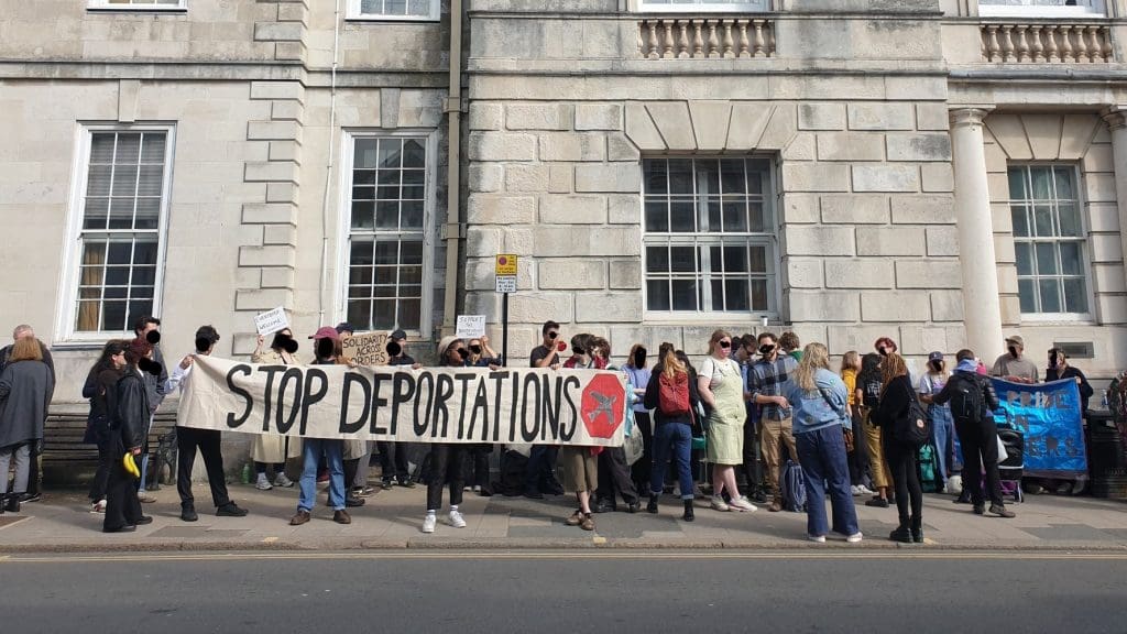 A protest outside a court over the trial of protesters who blocked a Jamaica deportation flight