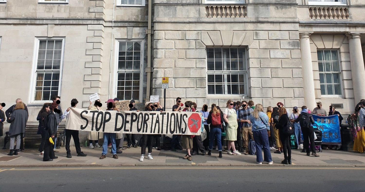 A protest outside a court over the trial of protesters who blocked a Jamaica deportation flight