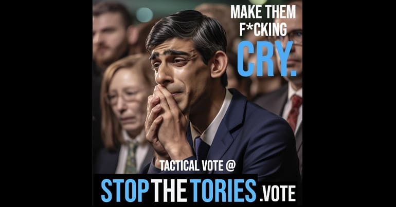 An image of Rishi Sunak crying which says make them fucking cry tactical vote at stopthetories.vote this is for the local elections