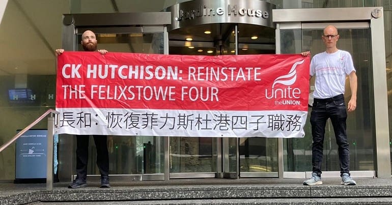 Unite reps outside CK Hutchison HQ over the Felixstowe Four