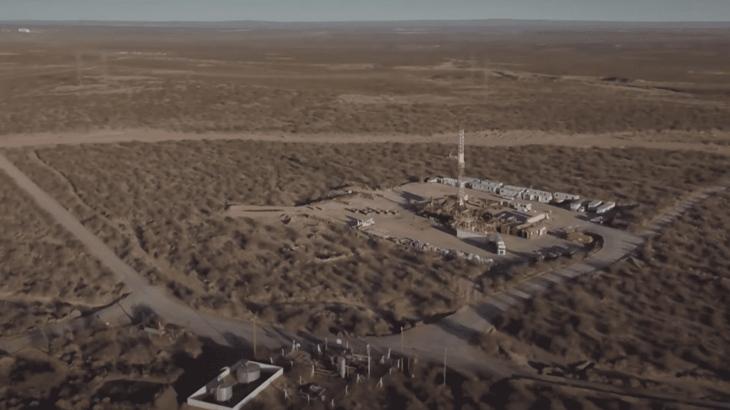 Fracking site Vaca Muerta in Argentina. Image shows industrial oil and gas operations on the Patagonian landscape.