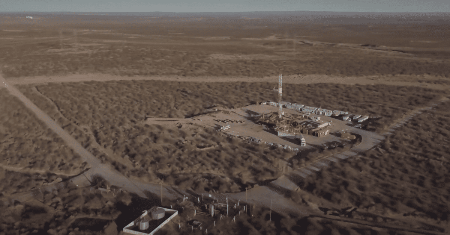 Fracking site Vaca Muerta in Argentina. Image shows industrial oil and gas operations on the Patagonian landscape.