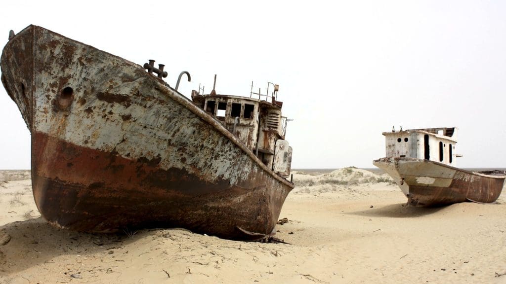 Ships rusting on the Aral Sea, an example of lakes drying out due to the climate crisis