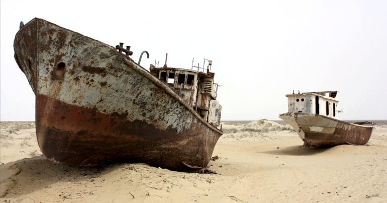 Ships rusting on the Aral Sea, an example of lakes drying out due to the climate crisis