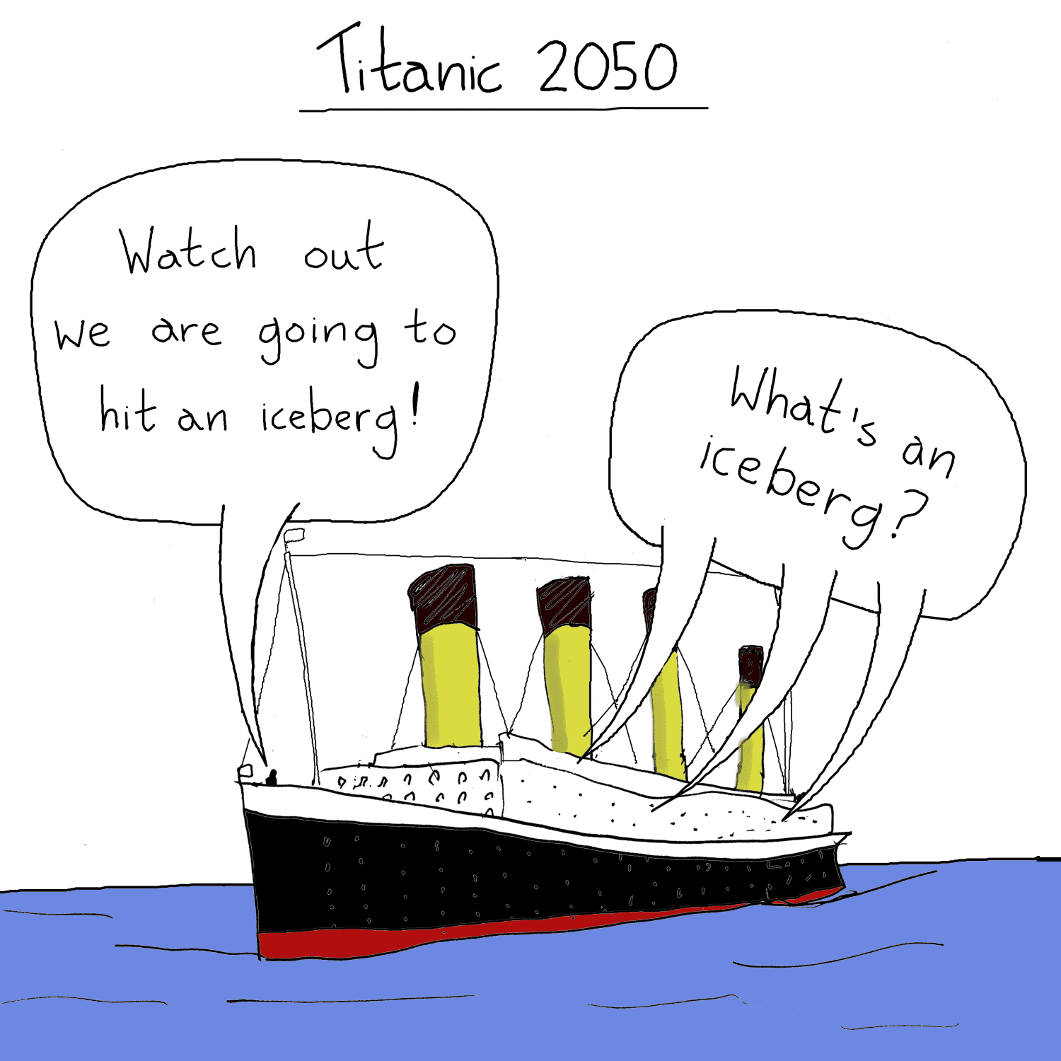 A cartoon of the Titanic. The headline reads "Titanic 2050". One speech bubble says "Watch out we're going to hit an iceberg!", another speech bubble says "what's an iceberg?"