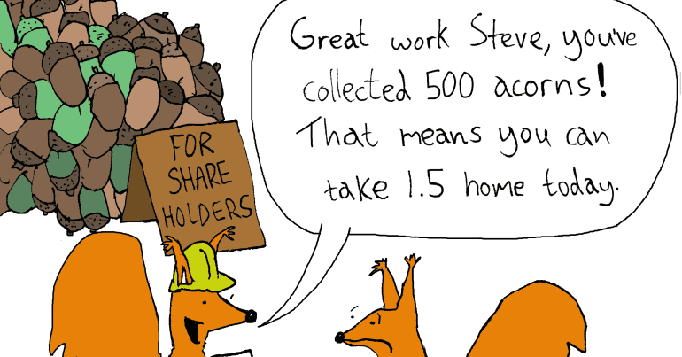 A cartoon called "if animals acted like humans". A picture of two squirrels with a pile of acorns. The boss squirrel is wearing a hard hat and holding a clipboard. It says to the worker squirrel "great work Steve, you've collected 500 acorns! That means you take 1.5 home today".