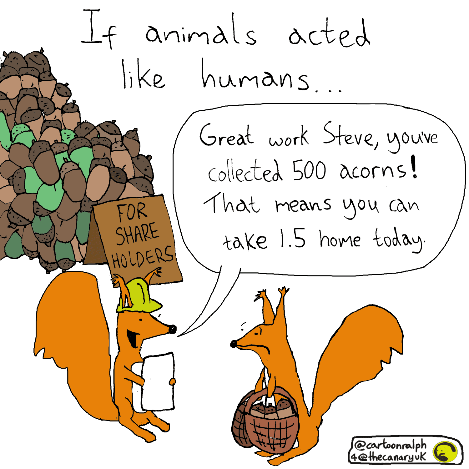 A cartoon called "if animals acted like humans". A picture of two squirrels with a pile of acorns. The boss squirrel is wearing a hard hat and holding a clipboard. It says to the worker squirrel "great work Steve, you've collected 500 acorns! That means you take 1.5 home today".