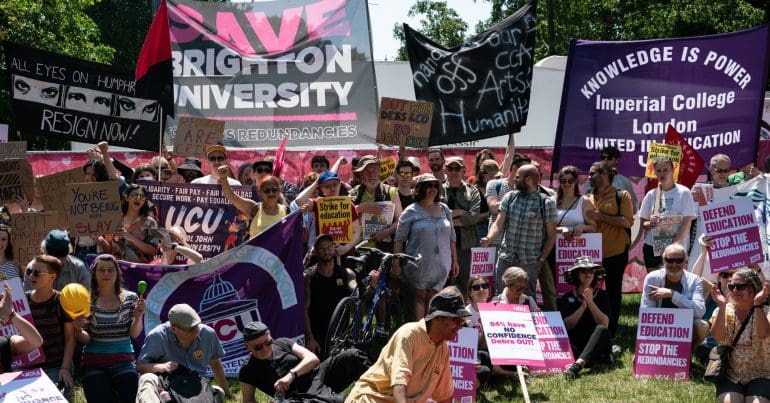 Brighton University staff and students protesting redundancies