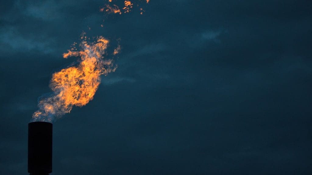 Methane burns from a flaring unit at a solid waste landfill.