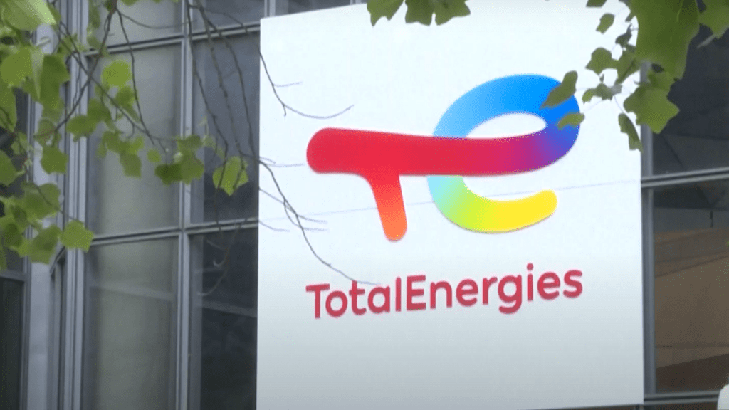 Fossil fuel company TotalEnergies logo on the side of a building. Oil Gas LNG