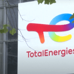 Fossil fuel company TotalEnergies logo on the side of a building. Oil Gas LNG