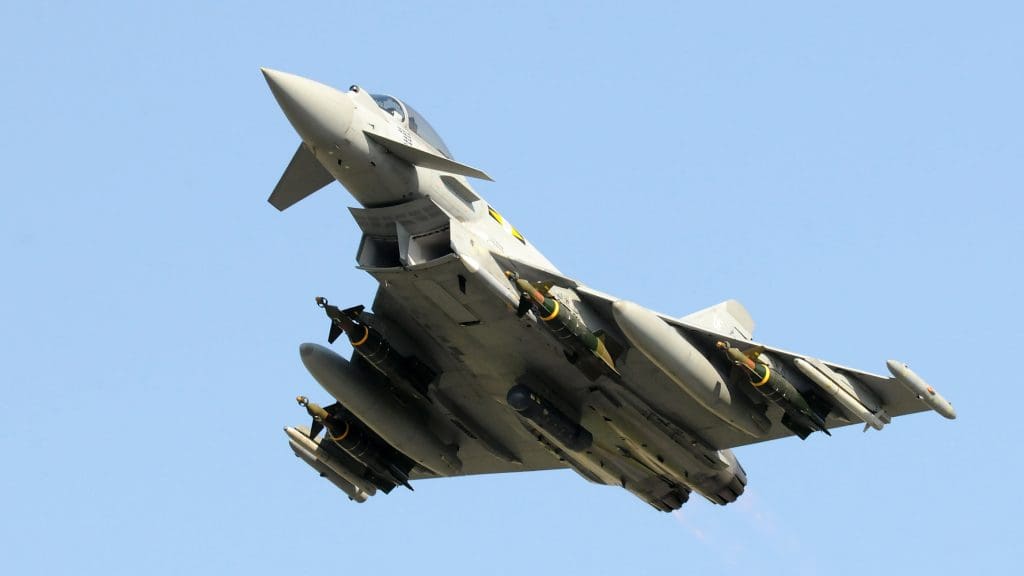 A Royal Air Force Typhoon takes off.