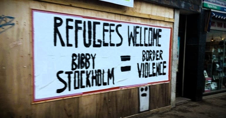 Bibby Stockholm protest banner in Falmouth Cornwall