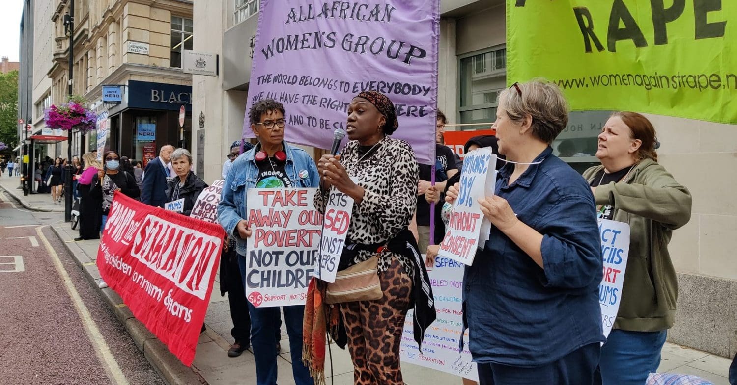 Disabled mothers protesting outside the central family court over social services