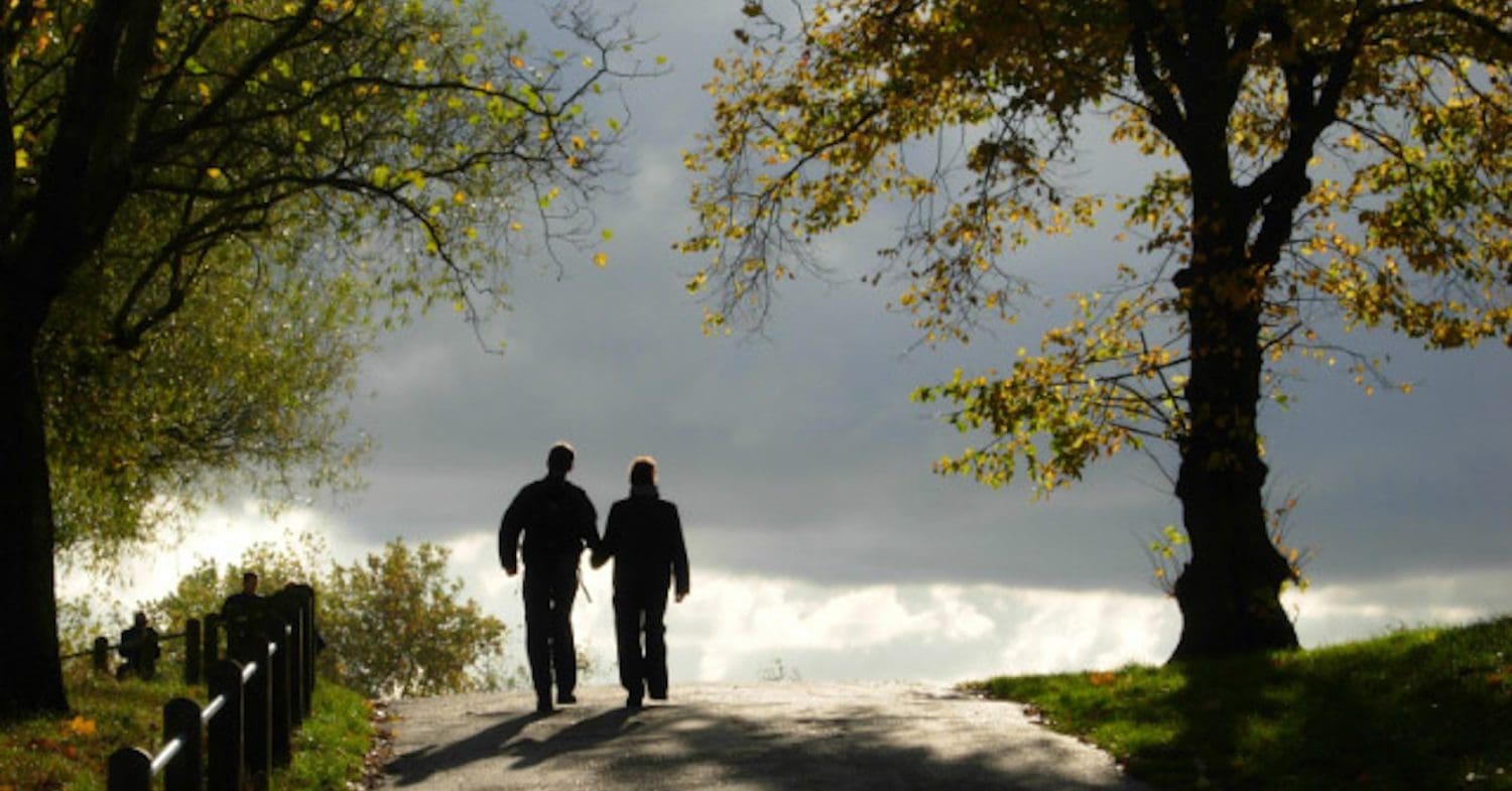 Two people walking in Hampstead Heath Nature human right