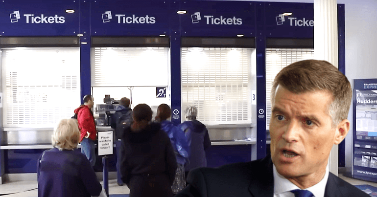 A ticket office queue and transport secretary Mark Harper