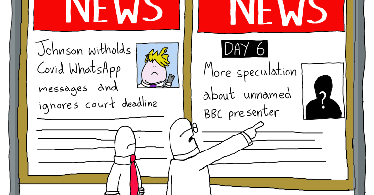 A cartoon with the title " front page mock up". On one side is a front page with the headline "Johnson withholds Covid WhatsApp messages and ignores court order". On the other side is a front page with the headline "Day 6: more speculation about unnamed BBC presenter". Two editors are pointing at the BBC presenter headline, saying "let's go for this one... again!"