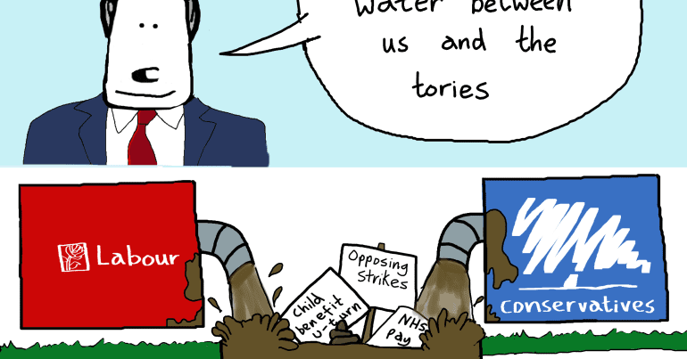 A cartoon with a picture of Keir Starmer saying "we need to put clear blue water between us and the tories". Below him are the Labour Party and Conservative Party logos. In between is a hole in the ground - flowing from both parties' logos is dirty brown water. The hold has rubbish in it, as well as signs that read "child benefit u-turn", "opposing strikes", and "NHS pay"
