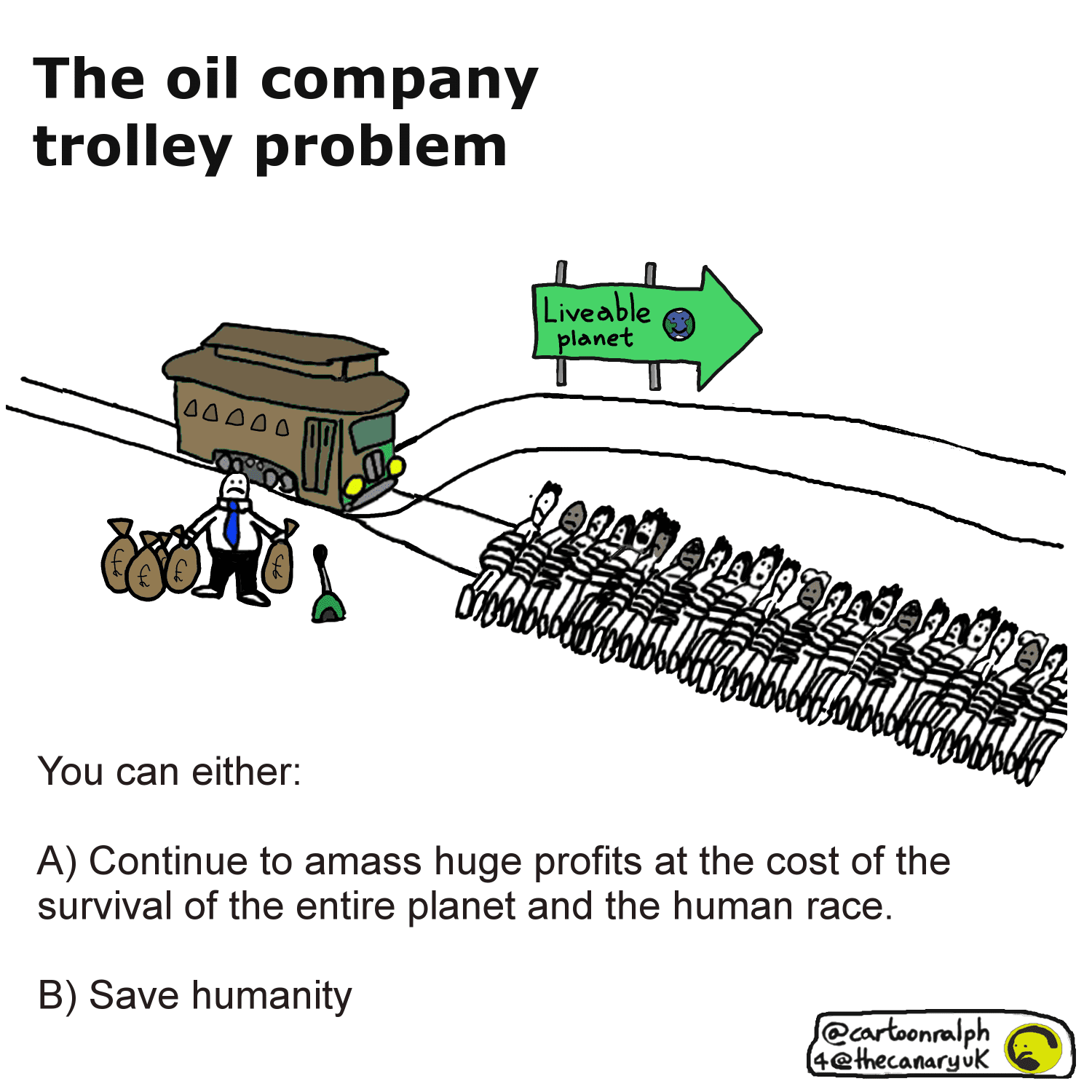A cartoon called "the oil company train problem". There is a picture of a train at a junction to two tracks. One track leads to "liveable planet". The other leads to a lot of people tied to the tracks, with a businessman holding bags of cash. The cartoon reads "you can either a) continue to amass huge profits at the cost of the survival of the entire planet and the human race, b) save humanity"