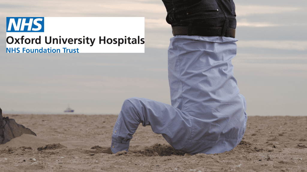 A person with their head in the sand and Oxford NHS logo ME