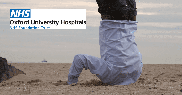 A person with their head in the sand and Oxford NHS logo ME