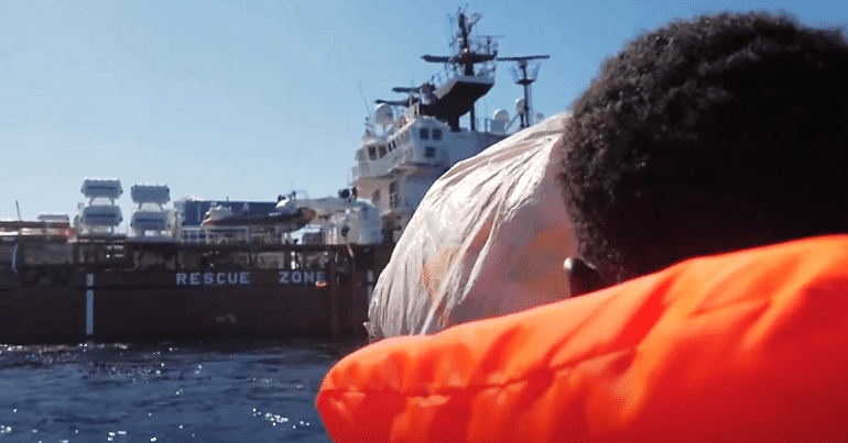 A refugee rescue boat off the coast of Italy