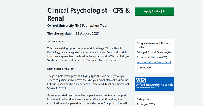 NHS job advert for ME clinical psychologist psychological