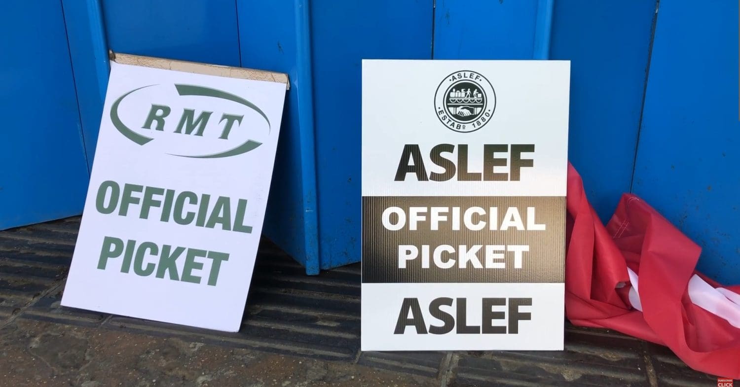 RMT and ASLEF picket placards during train strikes