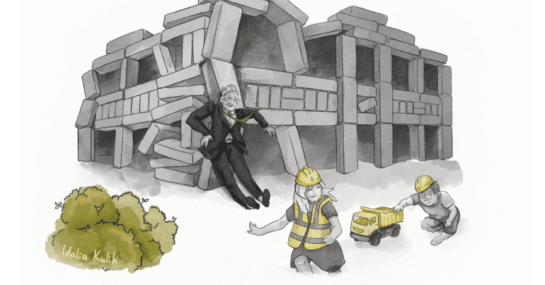 The illustration in question is centred around the recent news of structural failures in schools. Hopefully it should be self-explanatory, but just in case the visuals are meant to depict school-shaped unstable Jenga/domino, being held up by a minister (in this case — one bearing an uncanny resemblance to Nick Gibb) and some school children wearing safety gear and playing with a dump truck, are a commentary on the Safety Inspectors. This illustration is meant to satirise the government's uncertain response to concrete safety concerns in schools, highlighting the lack of proactive action and accountability.