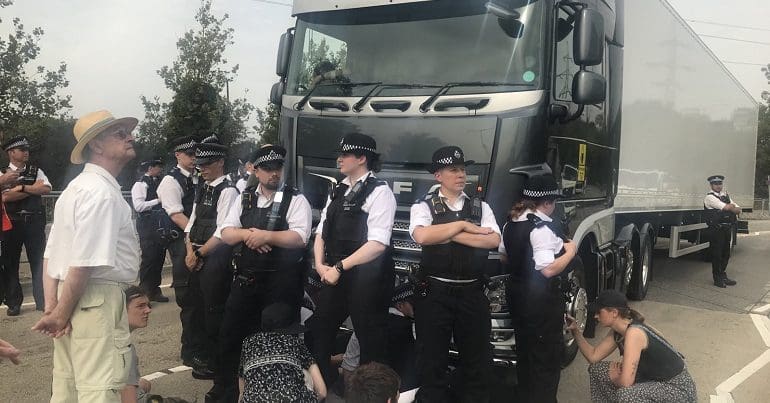 DSEI arms fair police surround a lock on Israeli