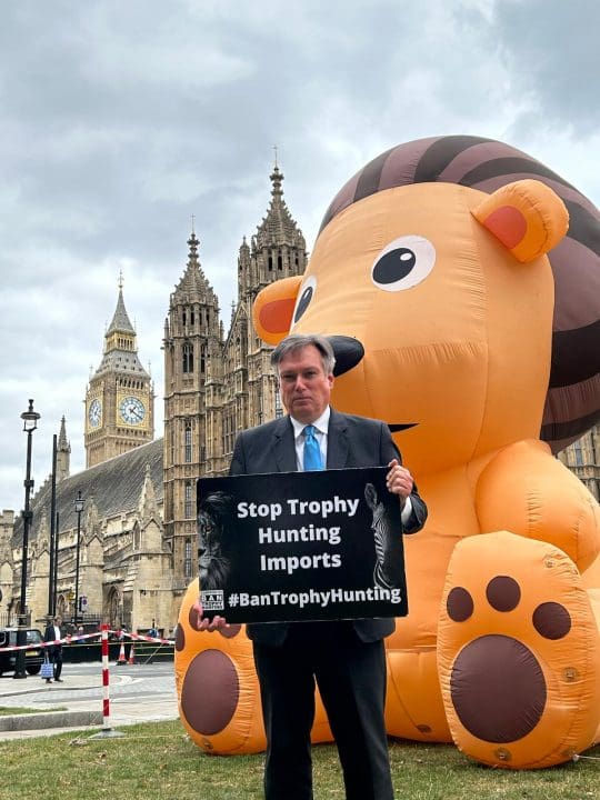 MP Henry Smith, who tabled the trophy hunting imports ban, holds a sign saying "Stop Trophy Hunting Imports"