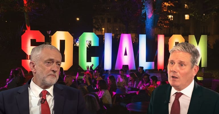 The word socialism lit up with jeremy corbyn and keir starmer TWT