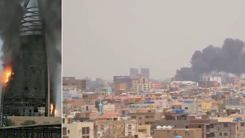 Greater Nile Petroleum Operating Company Tower on fire next to picture of Khartoum's skyline with smoke pouring from a building amid Sudan's civil war