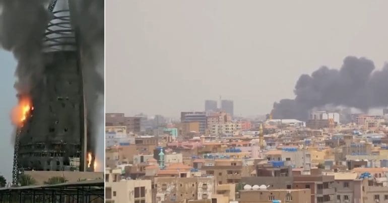 Greater Nile Petroleum Operating Company Tower on fire next to picture of Khartoum's skyline with smoke pouring from a building amid Sudan's civil war