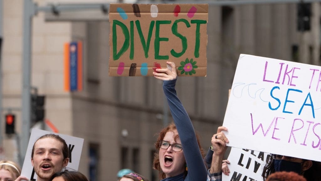 Protesters hold placards up during a climate strike. The central placard says: DIVEST.