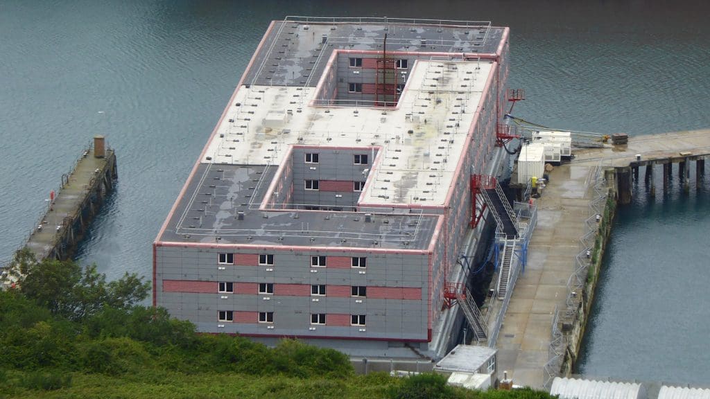 Home Office's Bibby Stockholm asylum barge at Portland, Dorset.