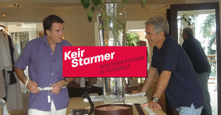 Picture of Peter Mandelson and Jeffrey Epstein with Keir Starmer's campaign advertisement emblazoned over it