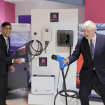 Rishi Sunak and Boris Johnson holding electric charging docks