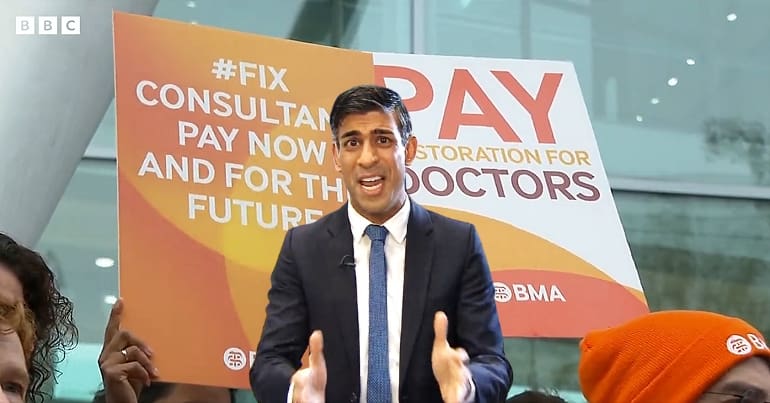 BMA doctors strike placards and Rishi Sunak