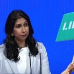 Suella Braverman and the Liberty logo
