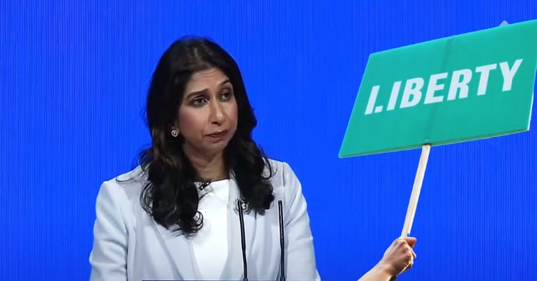 Suella Braverman and the Liberty logo