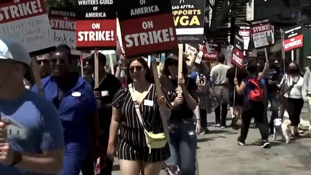 WGA members on strike in Hollywood
