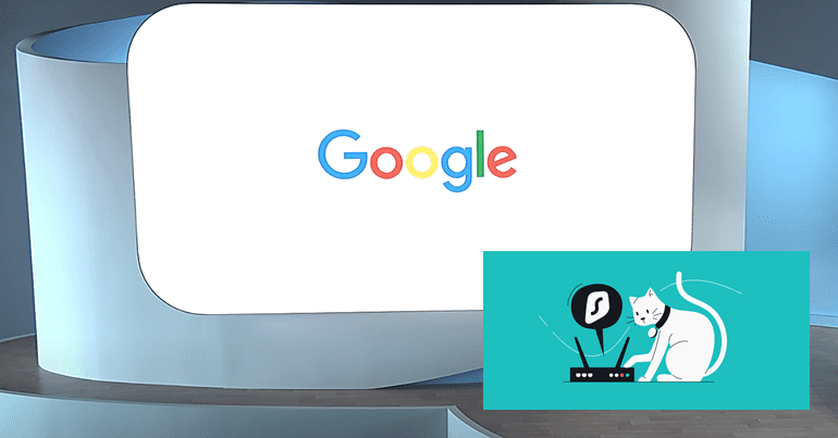 Google logo and the Surfshark logo