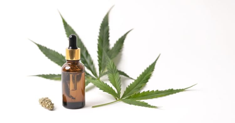 Cannabis leaf and bottle cannabinoids