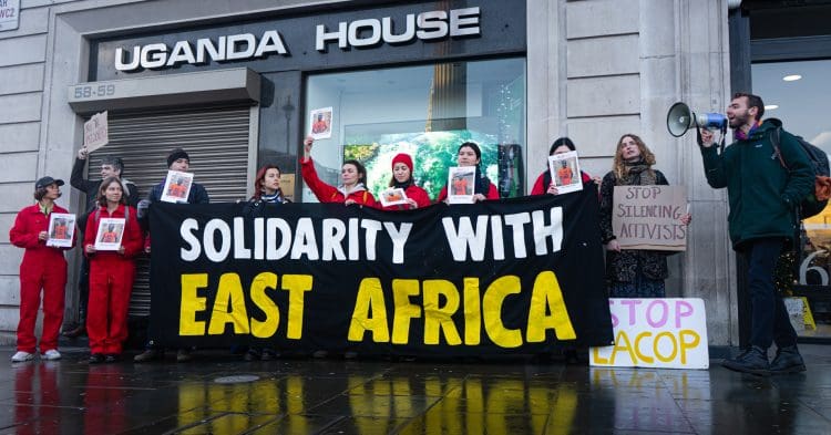 EACOP protest outside the Ugandan embassy banner reads 'solidarity with east africa'