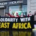 EACOP protest outside the Ugandan embassy banner reads 'solidarity with east africa'
