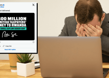 A man with his head in his hands with a Labour tweet superimposed over the image Rwanda