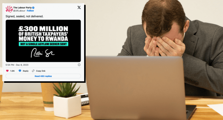 A man with his head in his hands with a Labour tweet superimposed over the image Rwanda