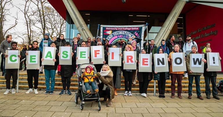 Workplace walk out over Israel Gaza that reads ceasefire now